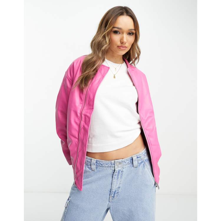 Baby Pink Satin Bomber Jacket with Striped Sleeves