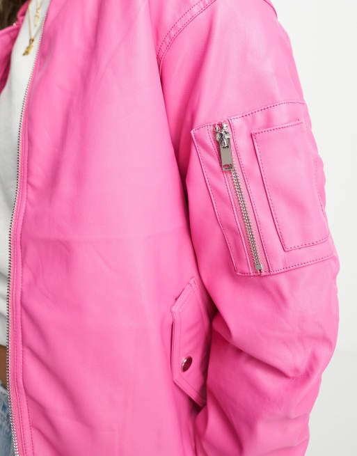 Women Bomber Jacket Satin  Fuchsia Pink Custom Jacket