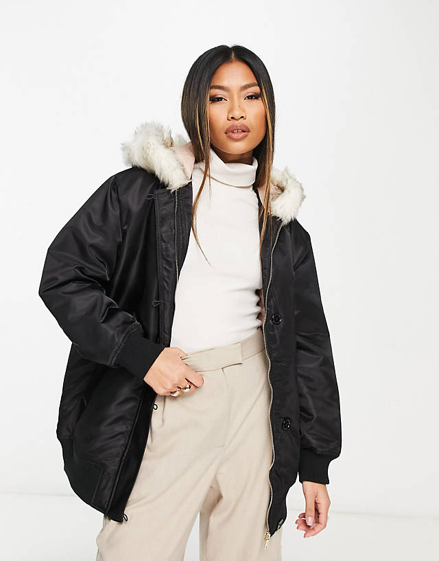 River Island - bomber jacket with fur hood detail in black