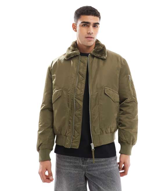 River Island - Bomber kaki con colletto in pile borg