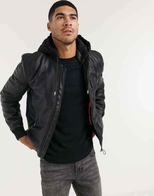 River Island - Bomber med hætte i sort PU