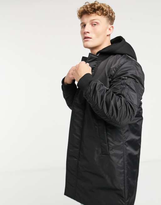 River Island - Bomber met capuchon, lange pasvorm, in zwart