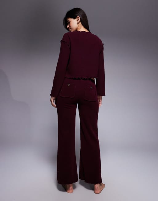 River Island - Bordeaux loungewear-sæt med knapper i jersey, 3 af 4