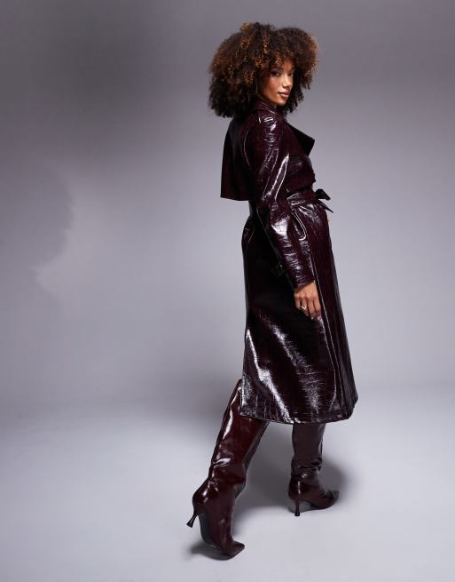 River Island - Bordeaux trenchcoat i imiteret læder med krokodillelook, 3 af 4