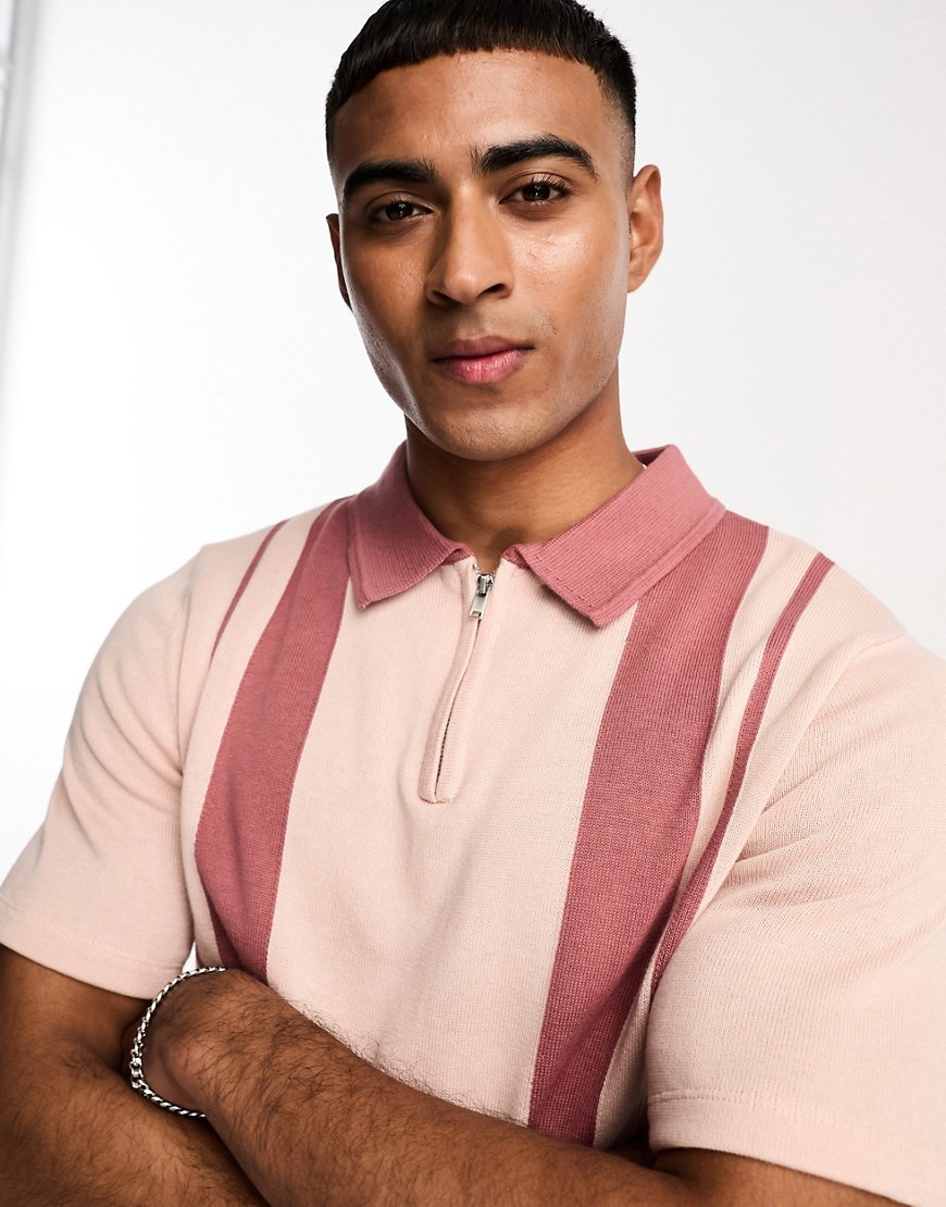 River Island border blocked long sleeve polo shirt In pink