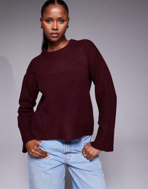 River Island crew neck knitted jumper in burgundy