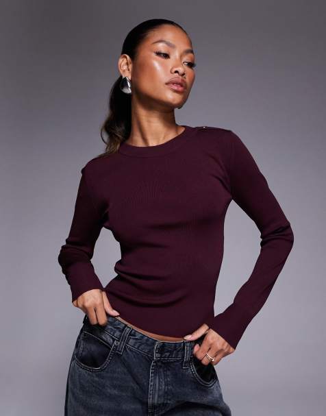 River Island knitted long sleeve top in burgundy