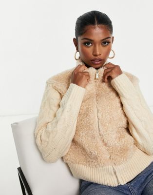 River Island borg and cable knit mix jacket in cream