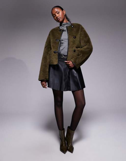 River Island borg button through duffle coat in dark khaki, 4 of 4