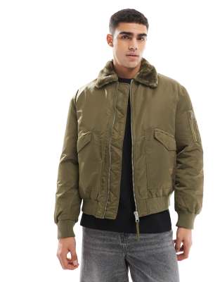 River Island River Island borg collar bomber jacket in khaki-Green