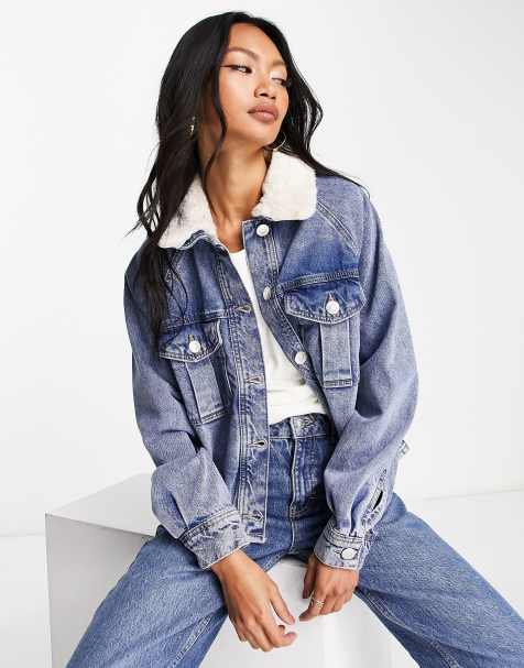 River Island borg collar denim trucker jacket in blue - view 1