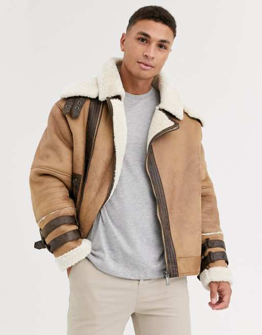 River Island borg lined aviator coat in tan | ASOS