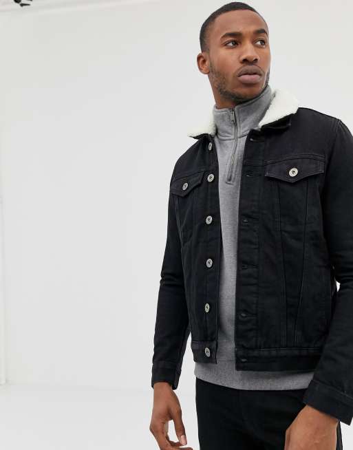 Black borg lined 2025 denim jacket mens