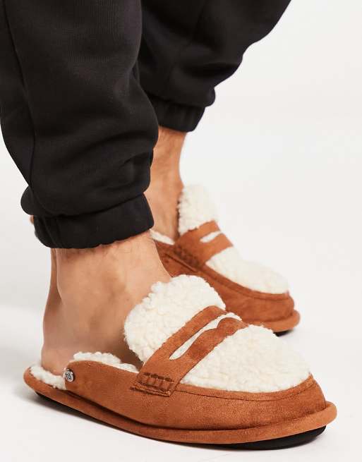 River Island borg slide slippers in brown |