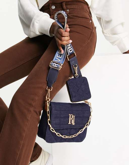 River Island - Borsa a doppia tracolla trapuntata di jeans blu navy