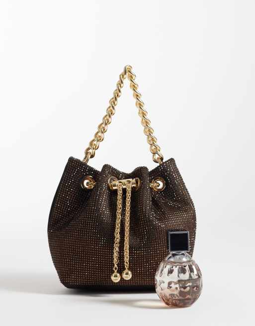 River Island - Borsa a secchiello marrone con strass e catenina, 2 di 4