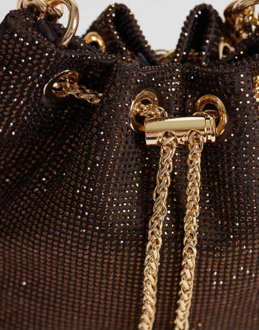 River Island - Borsa a secchiello marrone con strass e catenina, 3 di 4