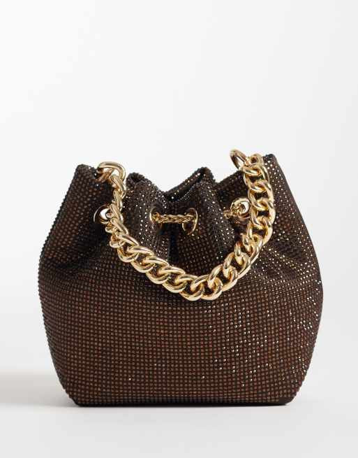 River Island - Borsa a secchiello marrone con strass e catenina, 4 di 4