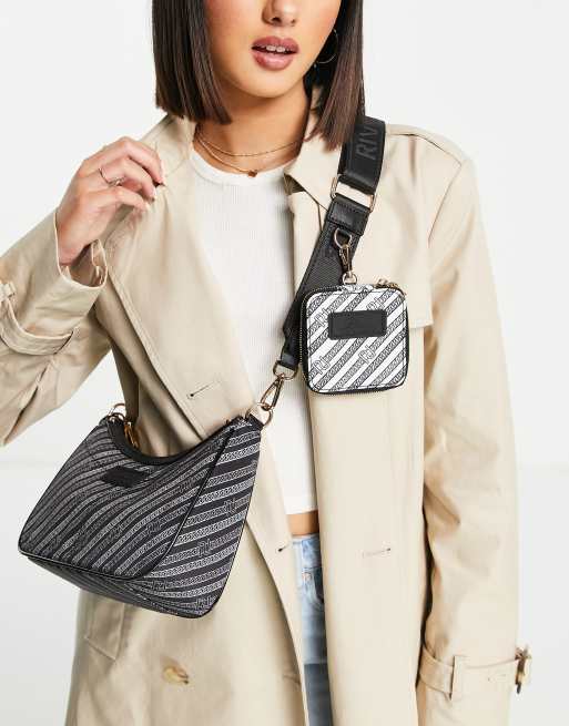 River Island - Borsa a tracolla con doppia pochette con monogramma, colore nero