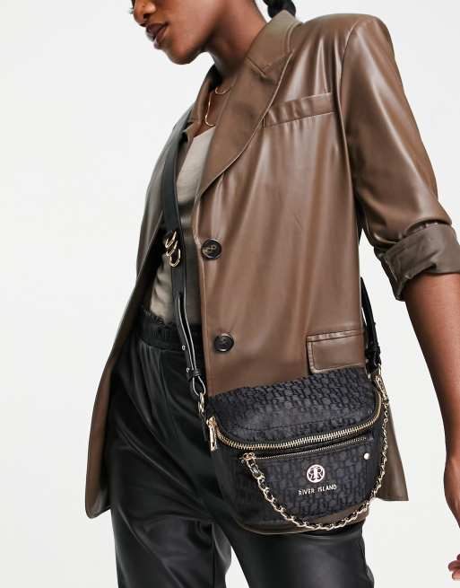 River Island - Borsa a tracolla nero jacquard con catenina