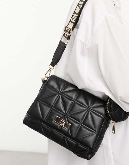 River Island - Borsa a tracolla trapuntata nera con dettaglio a catenina oro