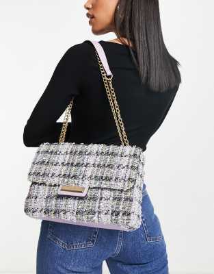 River Island - Borsa da spalla trapuntata in tessuto bouclé, colore viola 