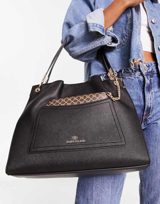 River Island - Borsa extra larga nera con tasca sul davanti