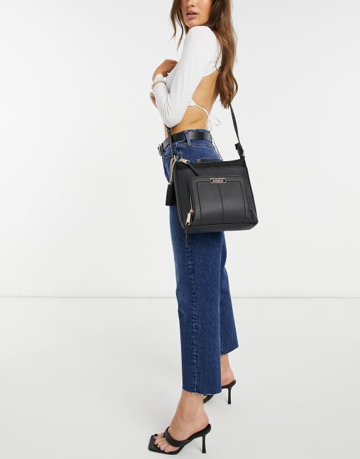 River Island - Borsa messenger con tasca frontale con cerniera lampo, colore nero