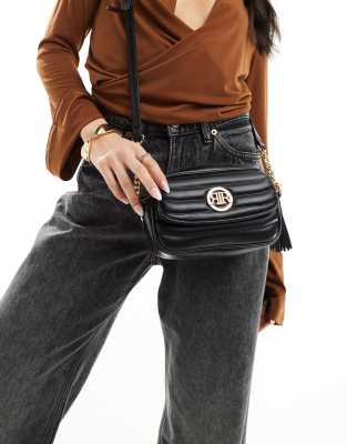 River Island - Borsa trapuntata a tracolla nera con tasca sul davanti