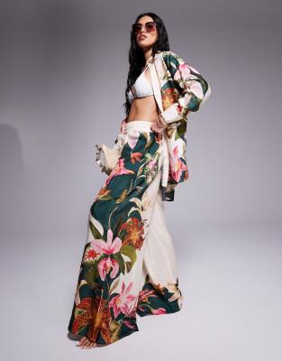 botanical print wide leg pants in cream - part of a set-White