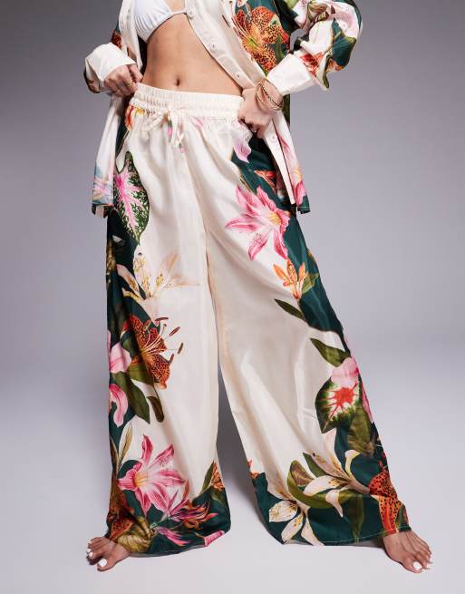 River Island botanical print wide leg pants in cream (part of a set), 2 of 5