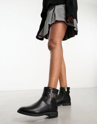 River Island ankle boot with gold buckle in black - ASOS Price Checker
