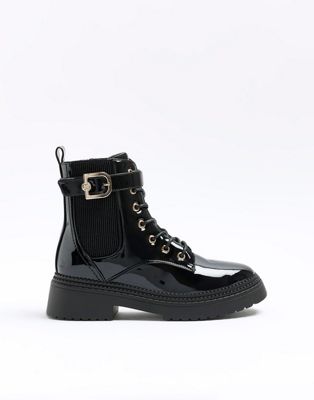 River Island lace up boot with gold buckle in black - ASOS Price Checker