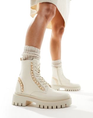 River Island chain detail ankle boot in cream - ASOS Price Checker