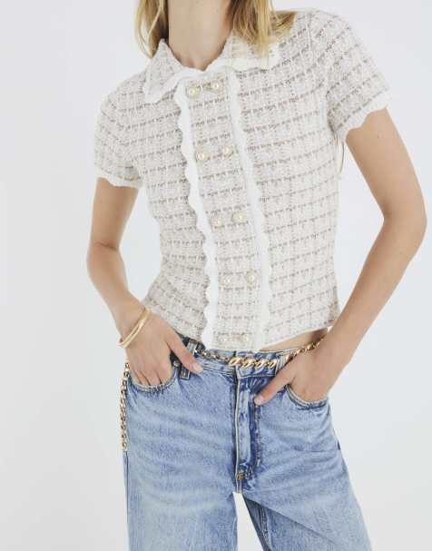 River Island Boucle button detail collared top in cream - view 1