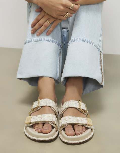 River Island Boucle double strap footbed sandals in cream - view 1