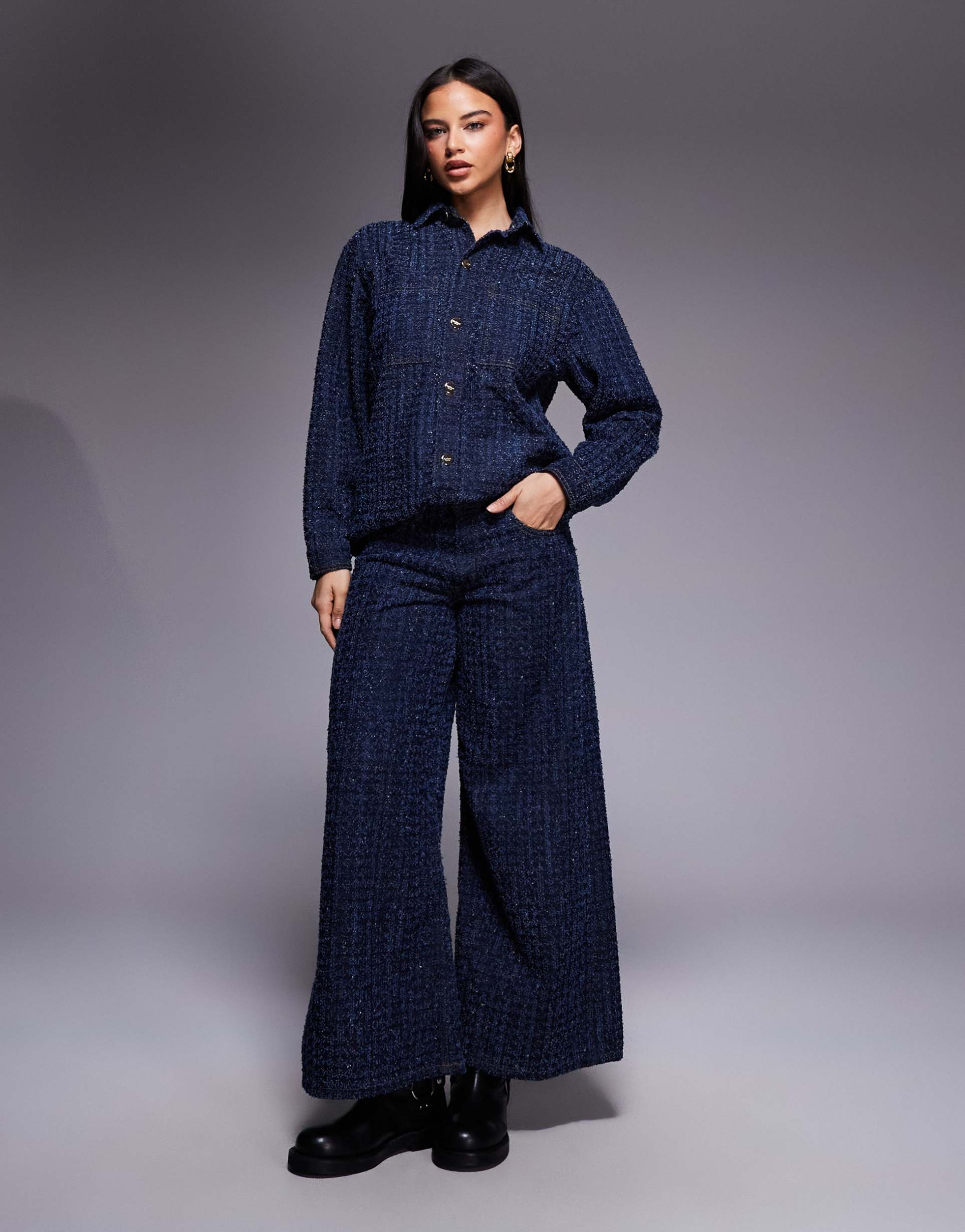 river island bouclé effect baggy high rise jeans in dark denim