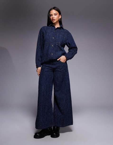 River Island boucle effect baggy high rise jeans in dark denim 