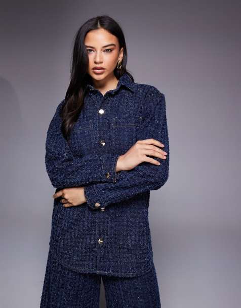 River Island boucle effect denim shacket in dark wash