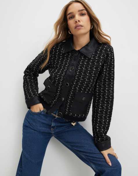 River Island Boucle faux leather trim cardigan in black