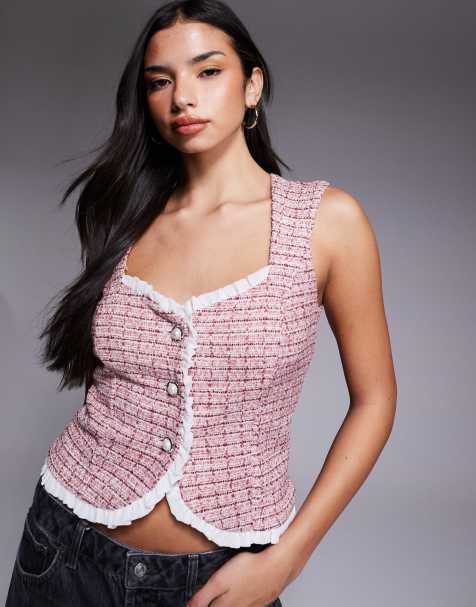 River Island boucle frill neck waistcoat in light pink