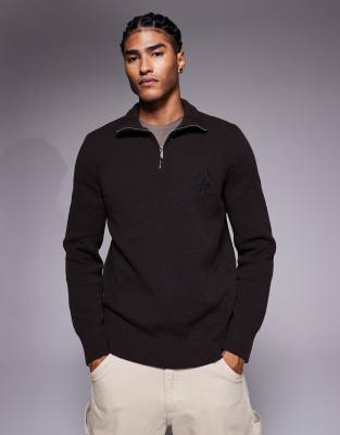 River Island Boucle Half Zip Sweater In Brown