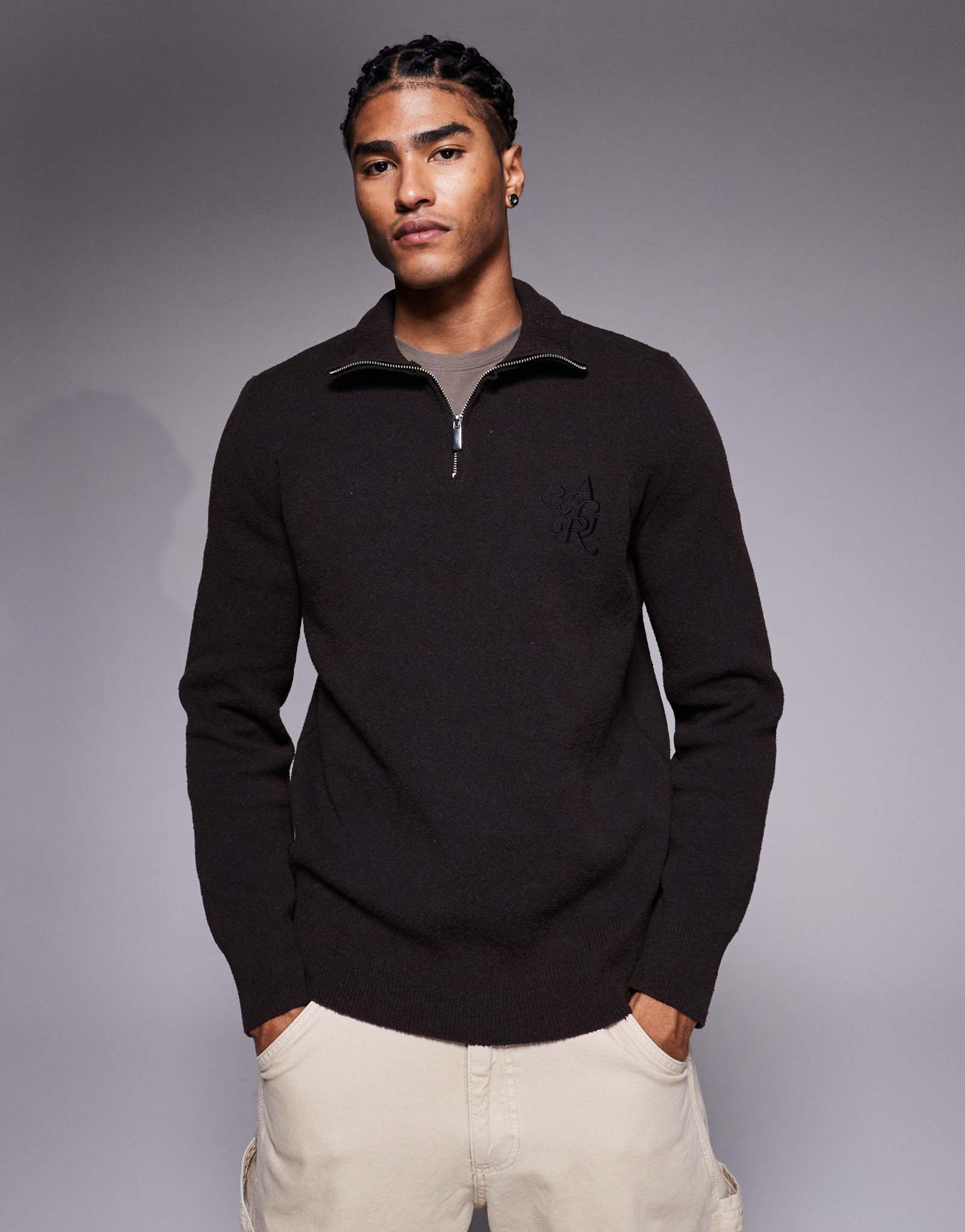 Темно-коричневый свитер из букле River Island на молнии до половины длины