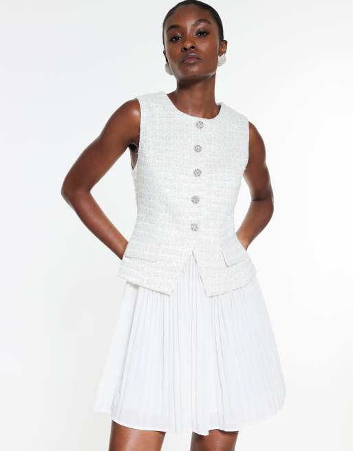 River Island Boucle hybrid pleated mini dress in cream