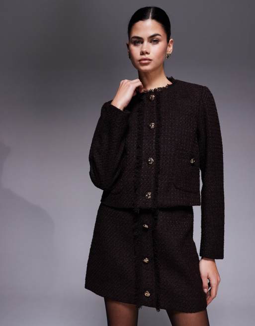 River Island - Bouclé jas met opgestikte zak in donkerbruin