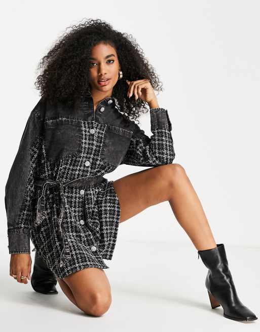 River Island boucle mix denim mini shirt dress in black