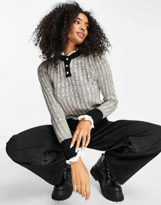 River Island boucle pie crust collar jumper in black ASOS