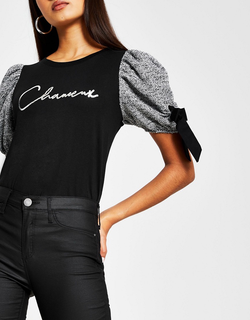 River Island boucle puff sleeve chanceaux slogan t-shirt in black