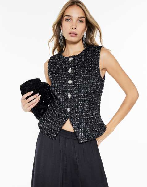 River Island Boucle sleeveless sequin waistcoat in black - view 1