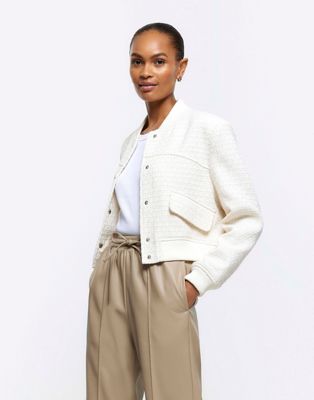 River Island Boucle tailored bomber jacket in cream